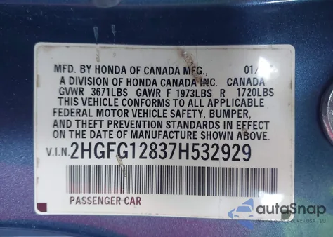2007 Honda Civic Ex from USA, damaged, VIN 2HGFG12837H532929